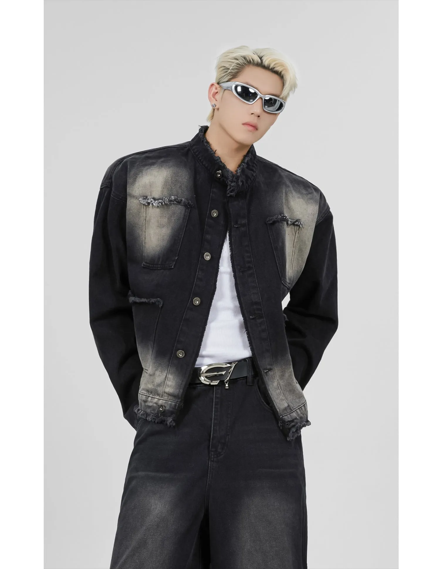 【23s November.】Distressed Brushed Stand Collar Denim Jacket