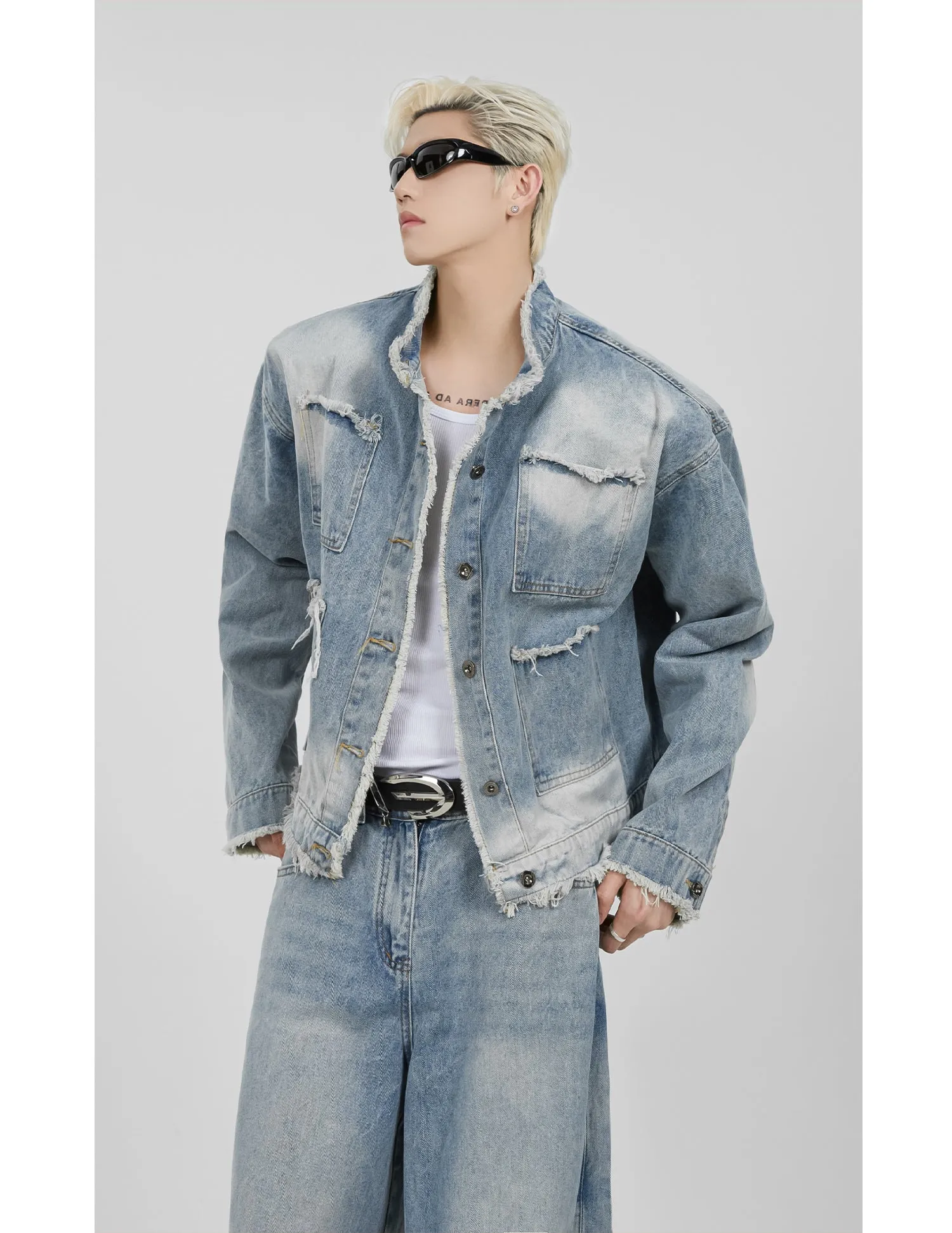 【23s November.】Distressed Brushed Stand Collar Denim Jacket