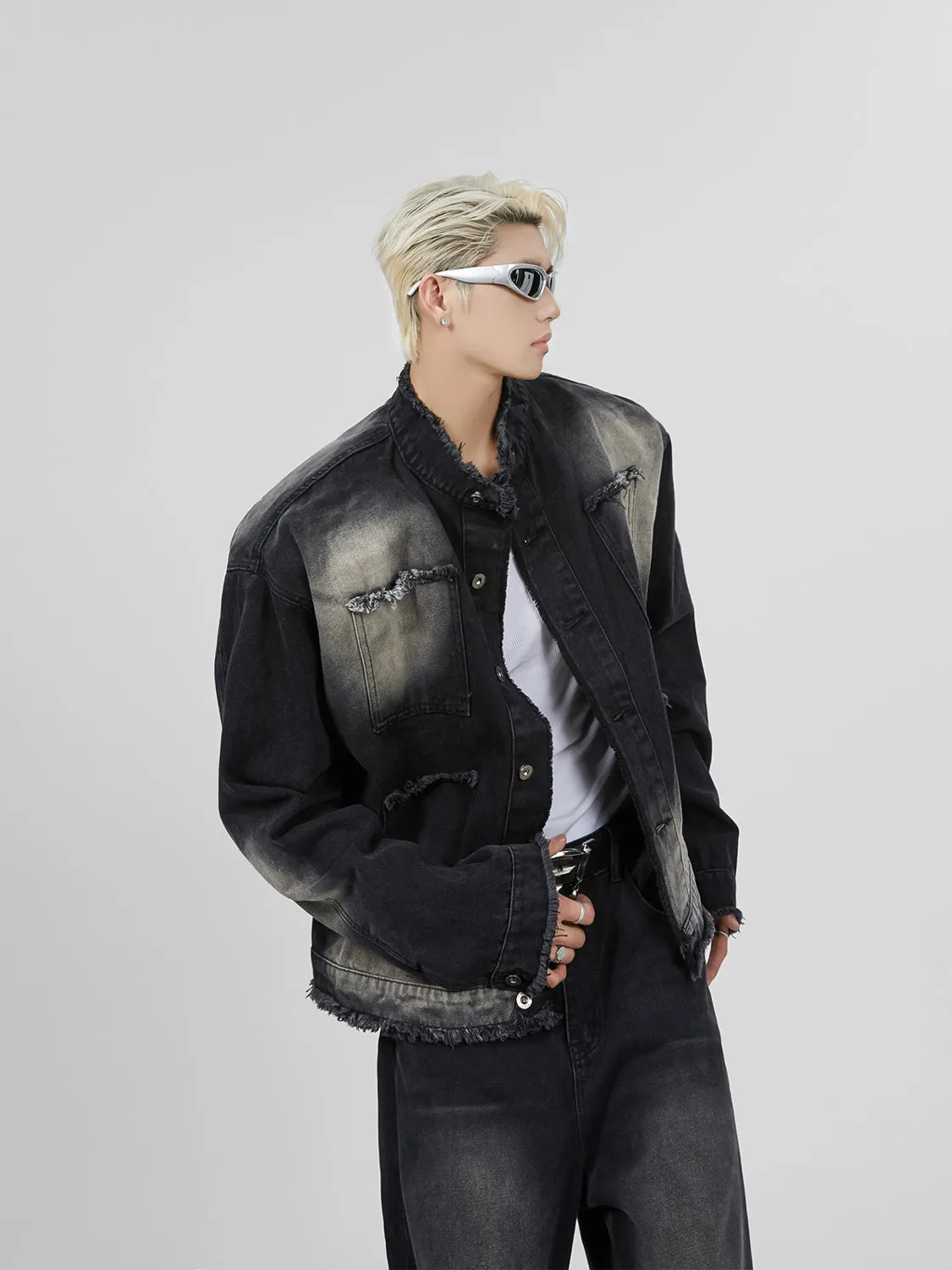 【23s November.】Distressed Brushed Stand Collar Denim Jacket