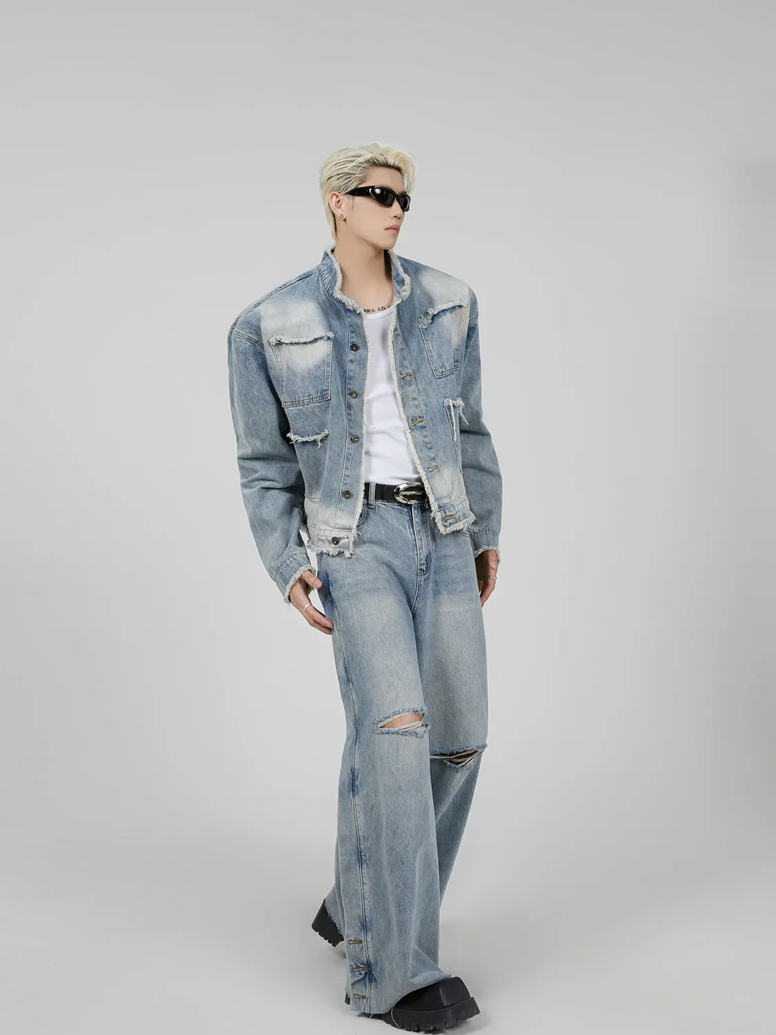 【23s November.】Distressed Brushed Stand Collar Denim Jacket