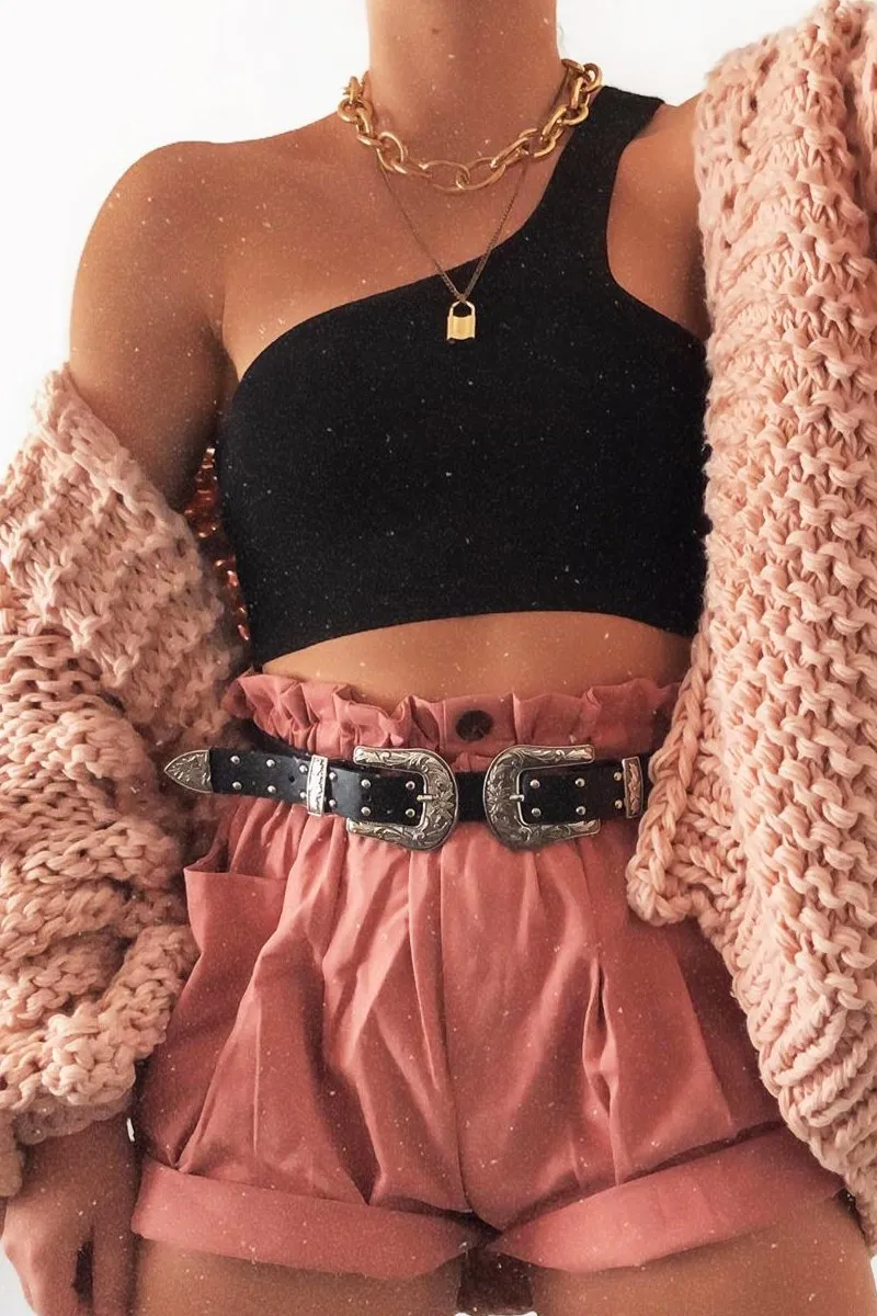 Black Ribbed One Shoulder Crop Top - Danyelle