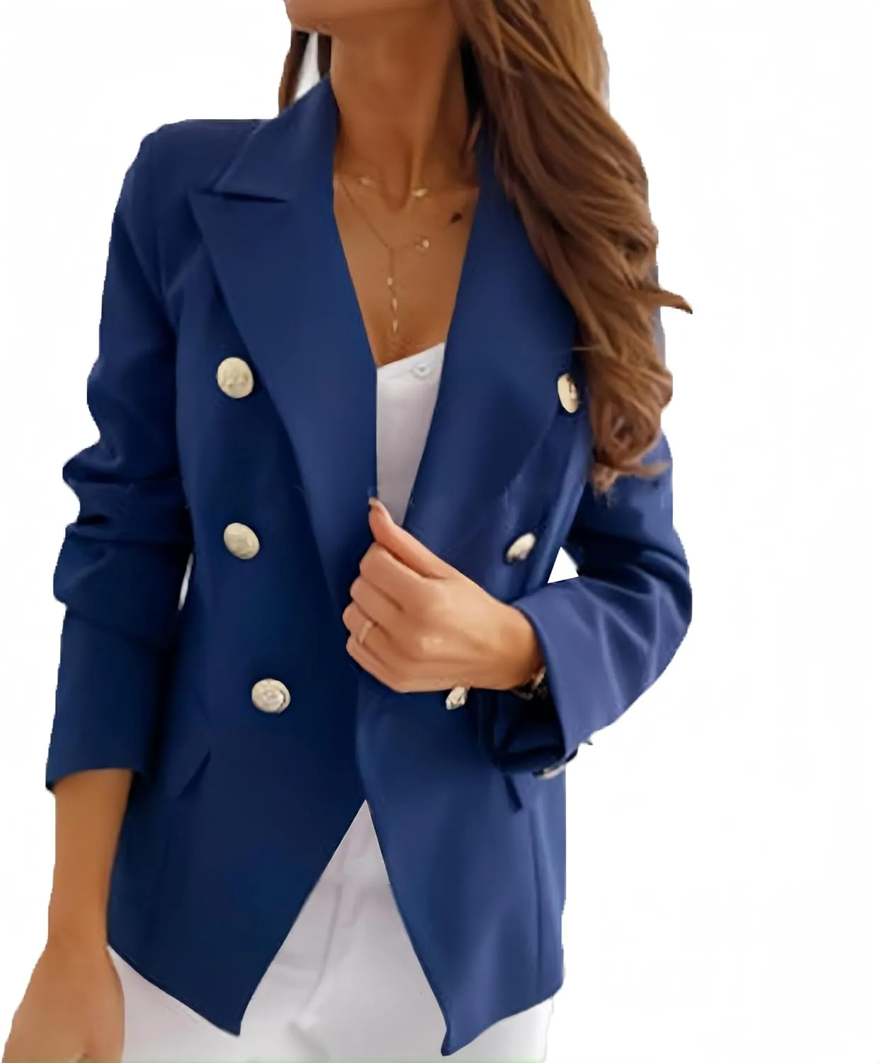 Casual Blazer for Women Trendy Long Sleeve Gold Button Work 0ffice Blazer Lapel Open Front Suit Jacket with Pockets