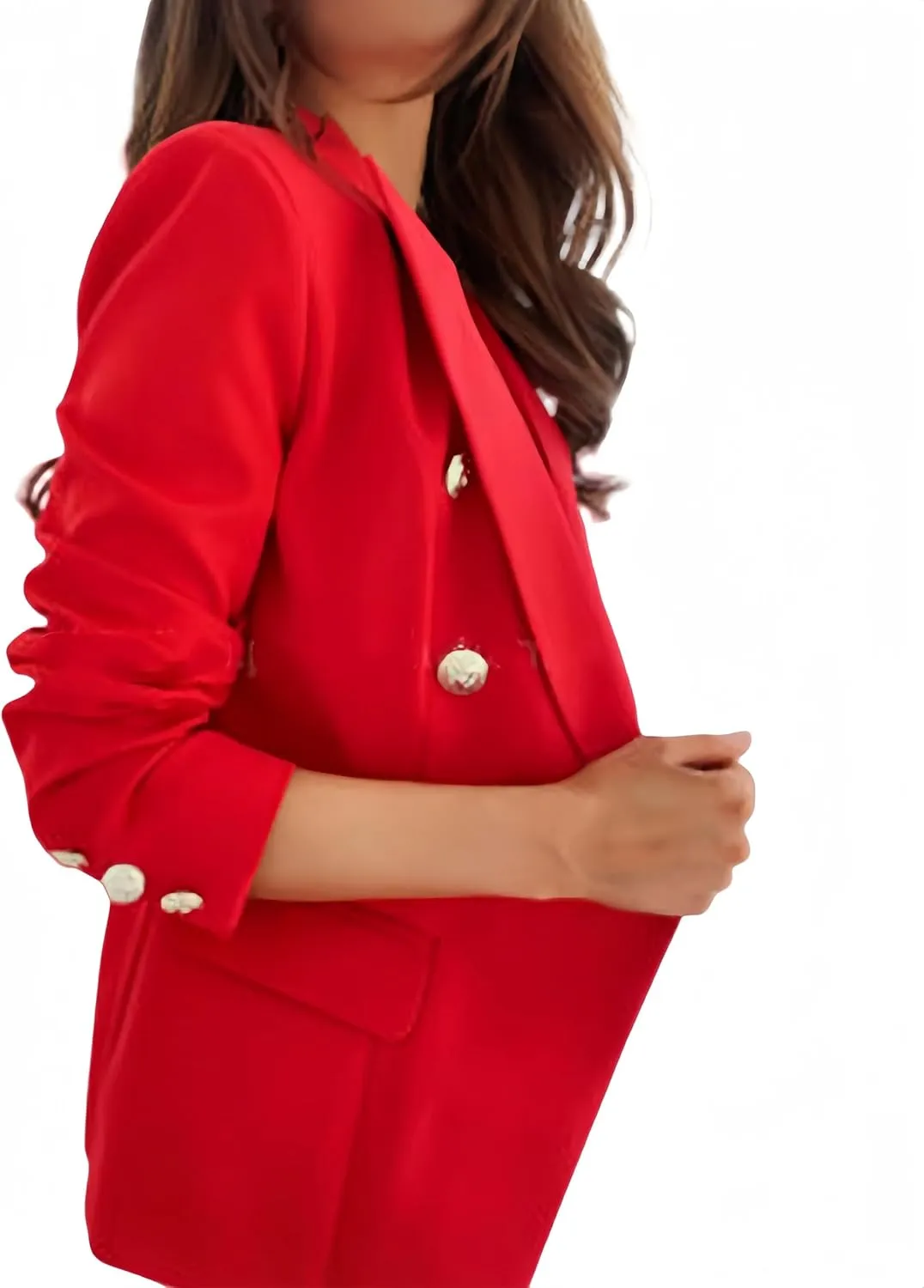 Casual Blazer for Women Trendy Long Sleeve Gold Button Work 0ffice Blazer Lapel Open Front Suit Jacket with Pockets