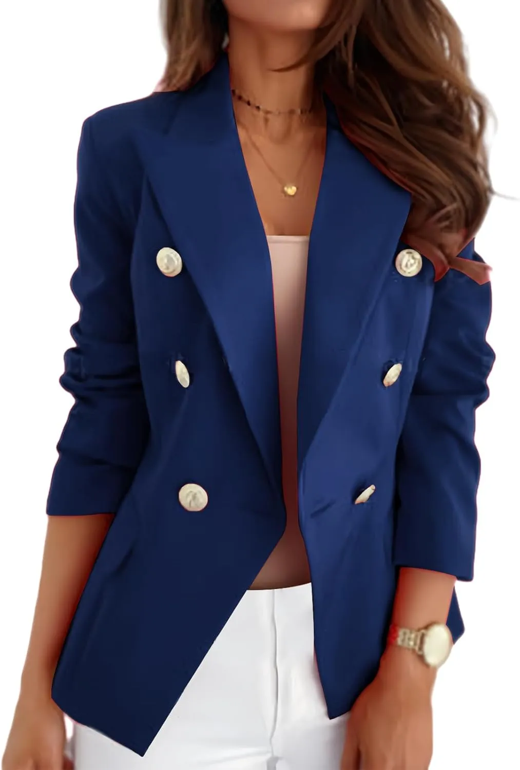 Casual Blazer for Women Trendy Long Sleeve Gold Button Work 0ffice Blazer Lapel Open Front Suit Jacket with Pockets