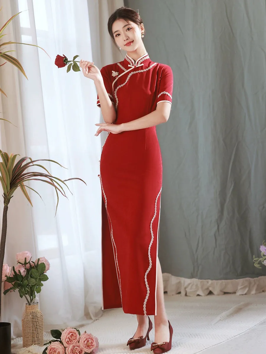 Cheongsam for Tea Ceremony, Traditional Chinese Dress, Garnet