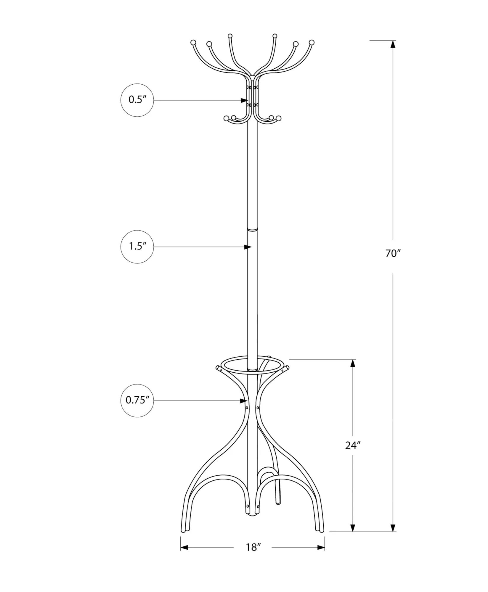 Coat Rack, Hall Tree, Free Standing, 12 Hooks, Entryway, 70"h, Umbrella Holder, Bedroom, Grey Metal, Contemporary, Modern