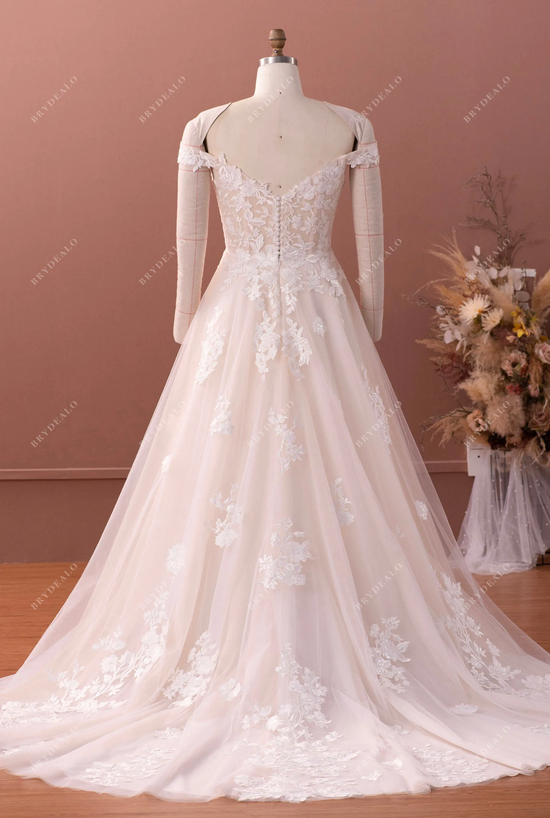 Designer Lace Light Champagne Puffy A-line Destination Wedding Dress
