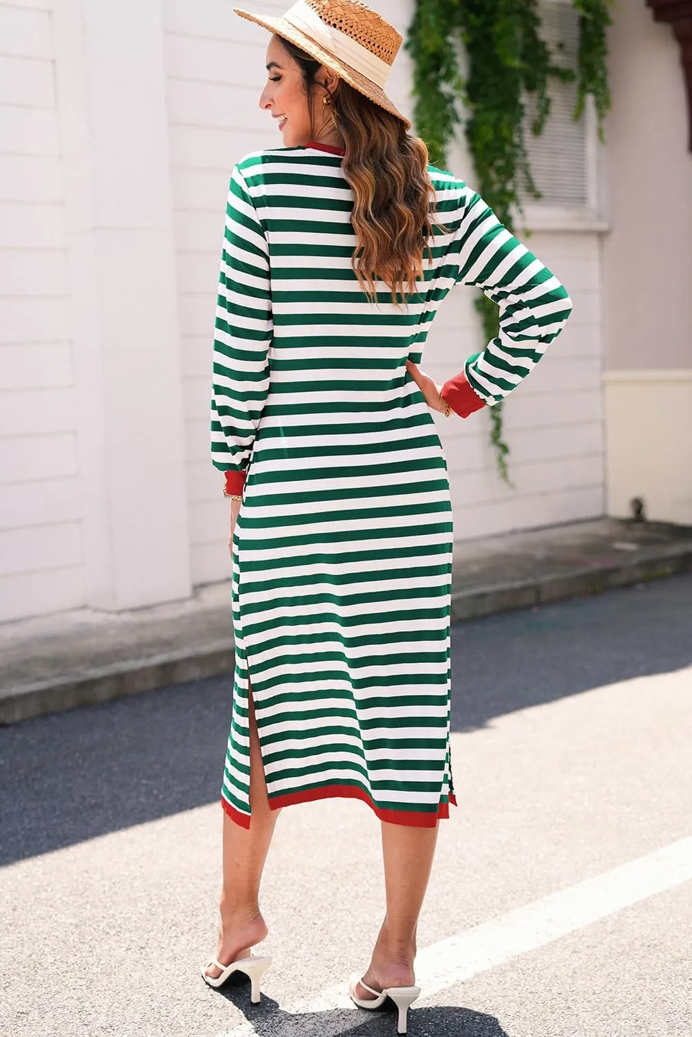 Dokotoo Fall Dresses for Women 2024 Striped Color Block Long Sleeve Crewneck Side Splits Casual Loose Long Maxi Dress