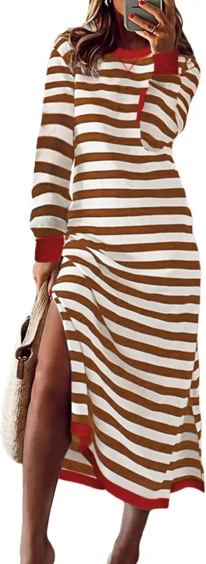 Dokotoo Fall Dresses for Women 2024 Striped Color Block Long Sleeve Crewneck Side Splits Casual Loose Long Maxi Dress