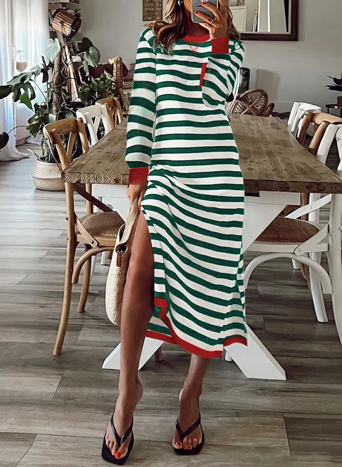 Dokotoo Fall Dresses for Women 2024 Striped Color Block Long Sleeve Crewneck Side Splits Casual Loose Long Maxi Dress