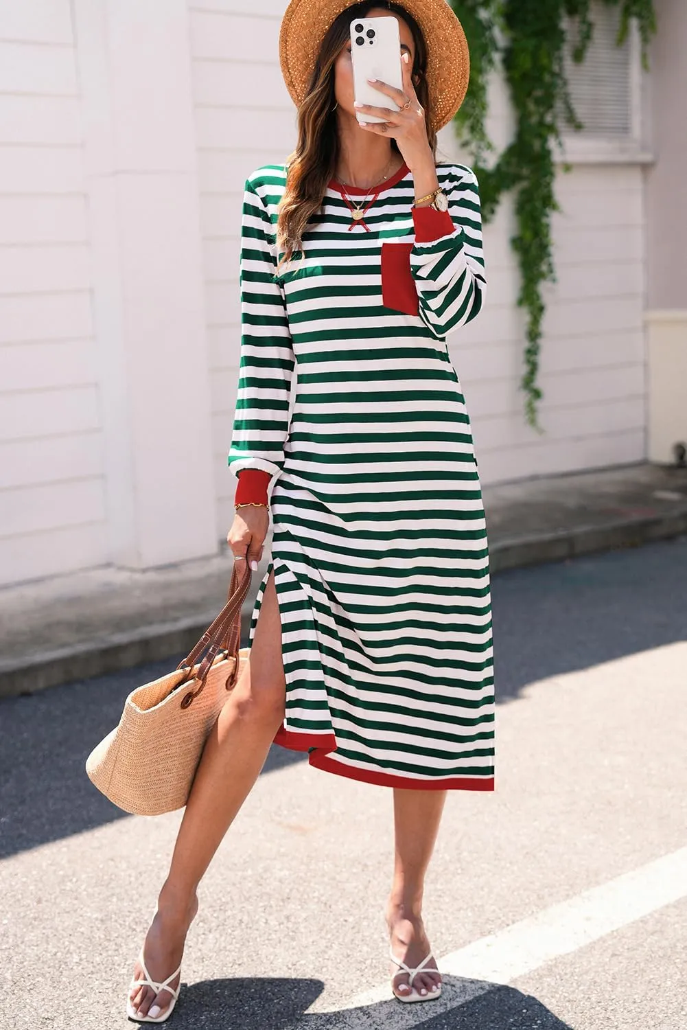 Dokotoo Fall Dresses for Women 2024 Striped Color Block Long Sleeve Crewneck Side Splits Casual Loose Long Maxi Dress