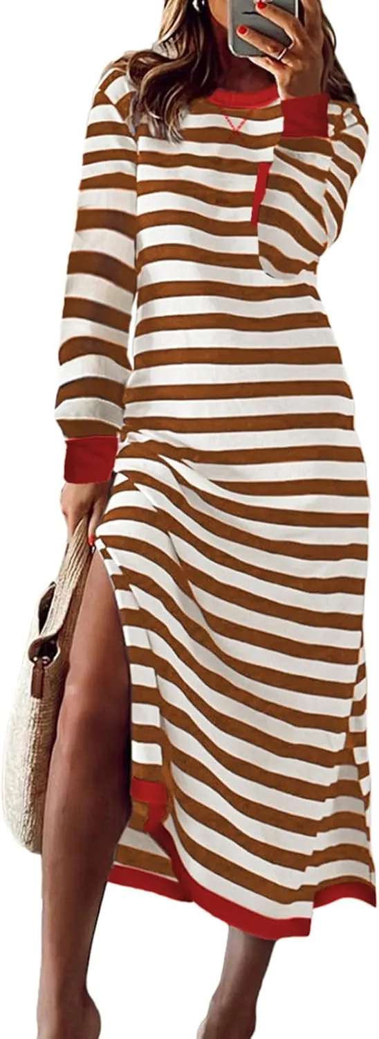 Dokotoo Fall Dresses for Women 2024 Striped Color Block Long Sleeve Crewneck Side Splits Casual Loose Long Maxi Dress