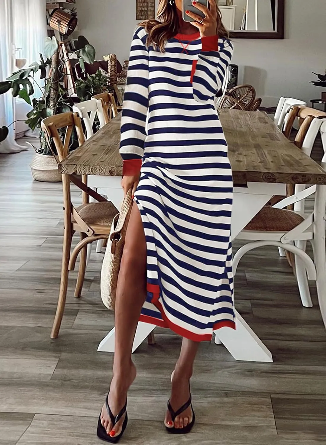 Dokotoo Fall Dresses for Women 2024 Striped Color Block Long Sleeve Crewneck Side Splits Casual Loose Long Maxi Dress
