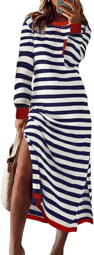 Dokotoo Fall Dresses for Women 2024 Striped Color Block Long Sleeve Crewneck Side Splits Casual Loose Long Maxi Dress
