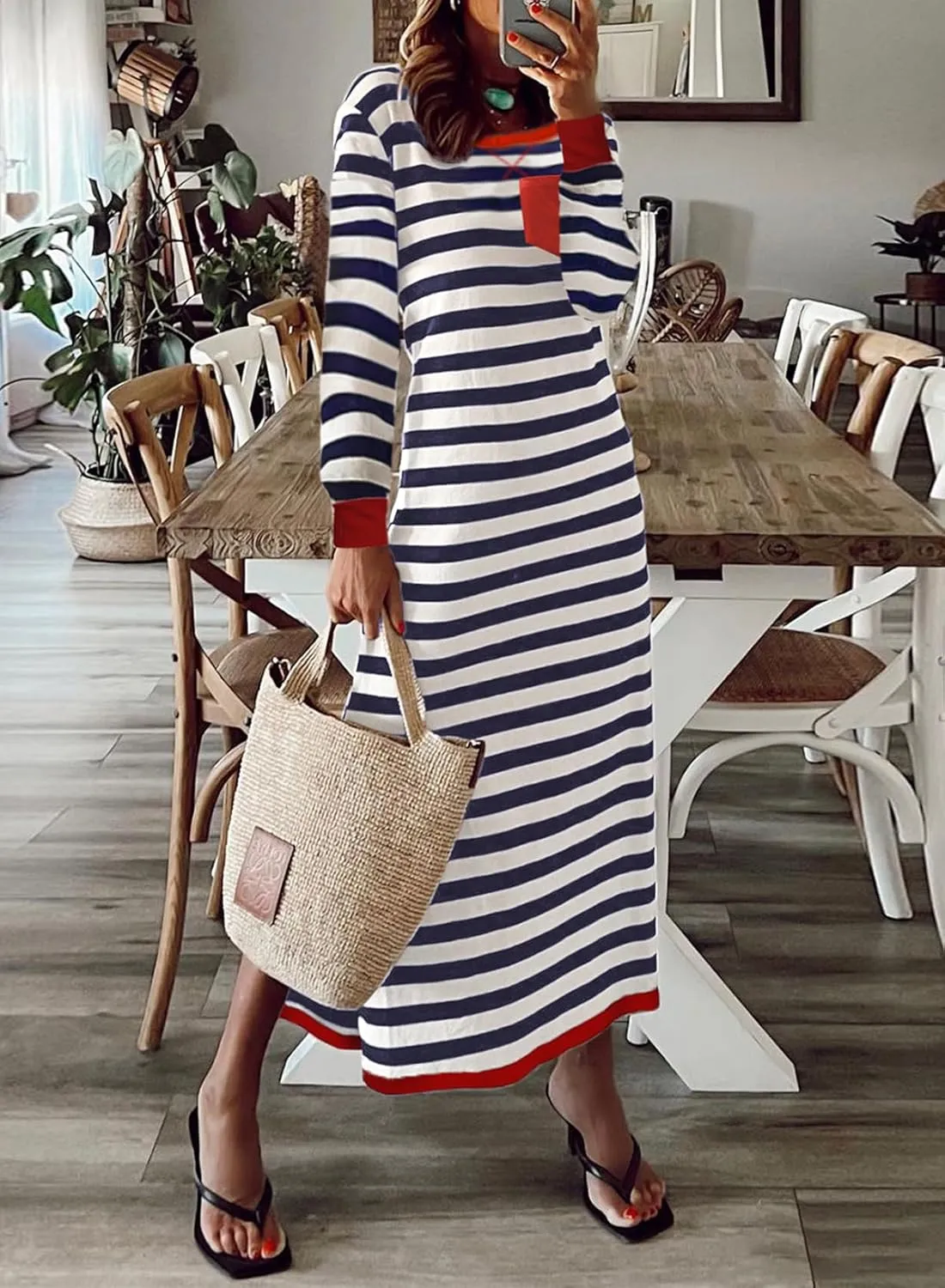 Dokotoo Fall Dresses for Women 2024 Striped Color Block Long Sleeve Crewneck Side Splits Casual Loose Long Maxi Dress