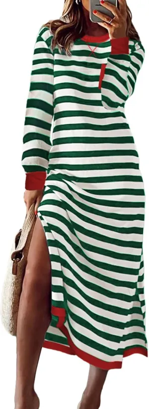 Dokotoo Fall Dresses for Women 2024 Striped Color Block Long Sleeve Crewneck Side Splits Casual Loose Long Maxi Dress