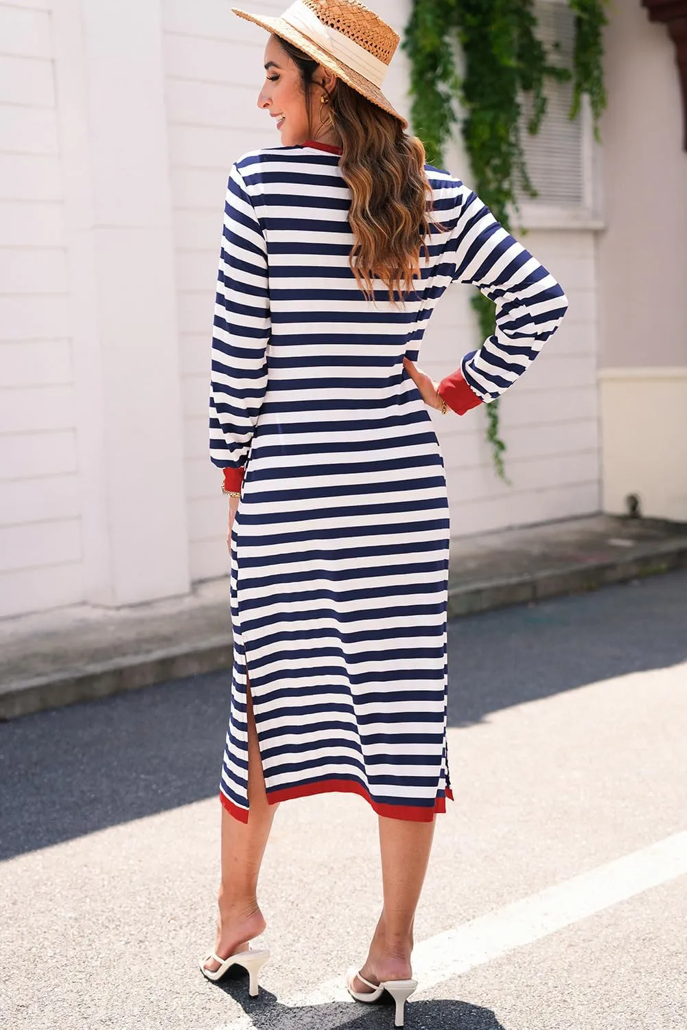 Dokotoo Fall Dresses for Women 2024 Striped Color Block Long Sleeve Crewneck Side Splits Casual Loose Long Maxi Dress