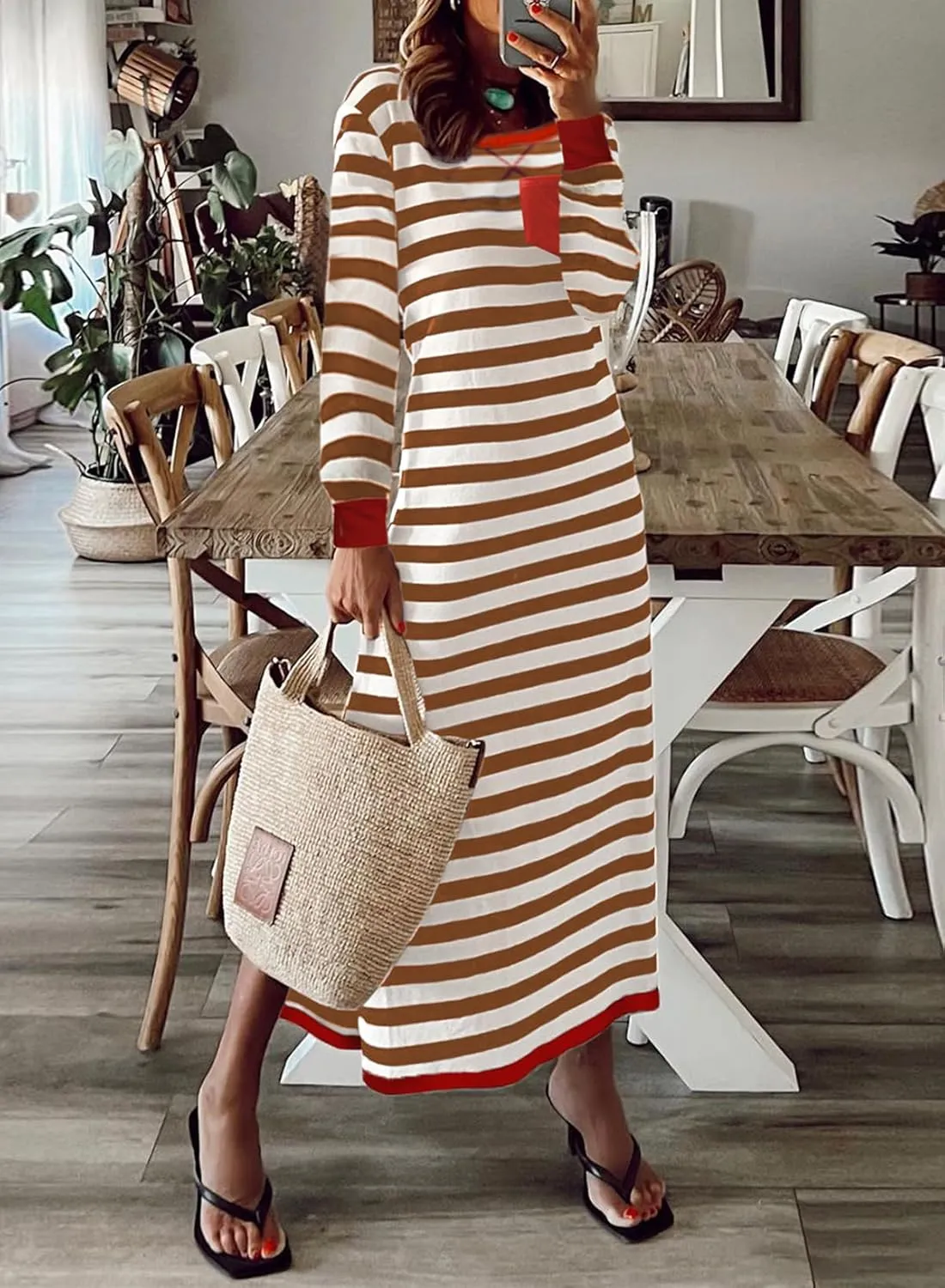Dokotoo Fall Dresses for Women 2024 Striped Color Block Long Sleeve Crewneck Side Splits Casual Loose Long Maxi Dress