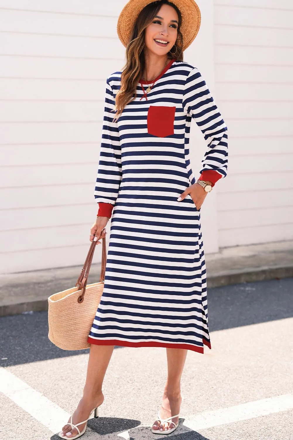 Dokotoo Fall Dresses for Women 2024 Striped Color Block Long Sleeve Crewneck Side Splits Casual Loose Long Maxi Dress
