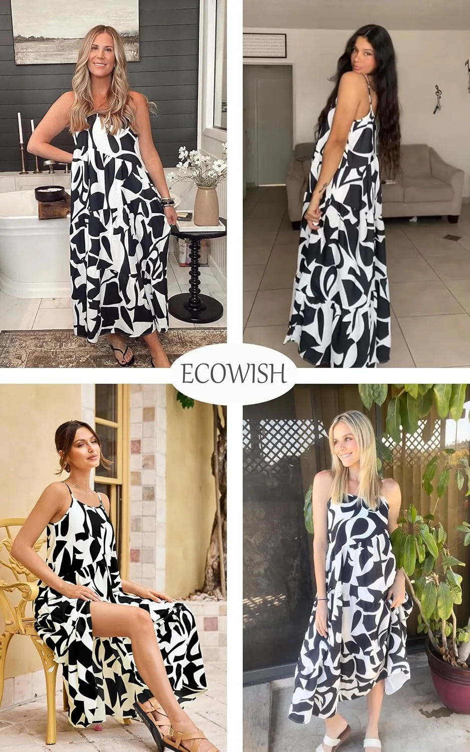 ECOWISH Women Sleeveless Maxi Dress: Summer Spaghetti Strap Casual Loose Boho Beach Dress Asymmetric Tiered Flowy Long Dress