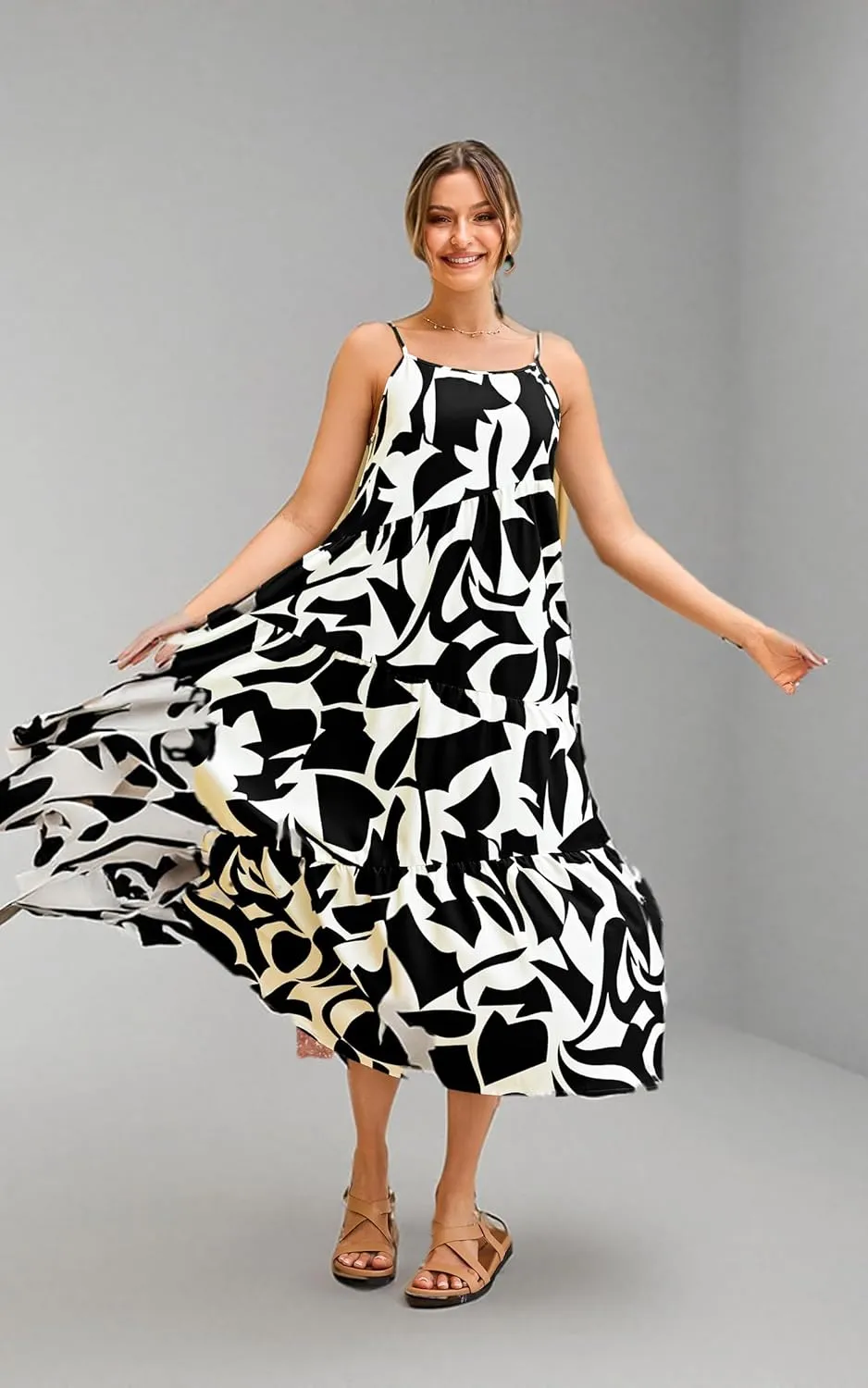 ECOWISH Women Sleeveless Maxi Dress: Summer Spaghetti Strap Casual Loose Boho Beach Dress Asymmetric Tiered Flowy Long Dress
