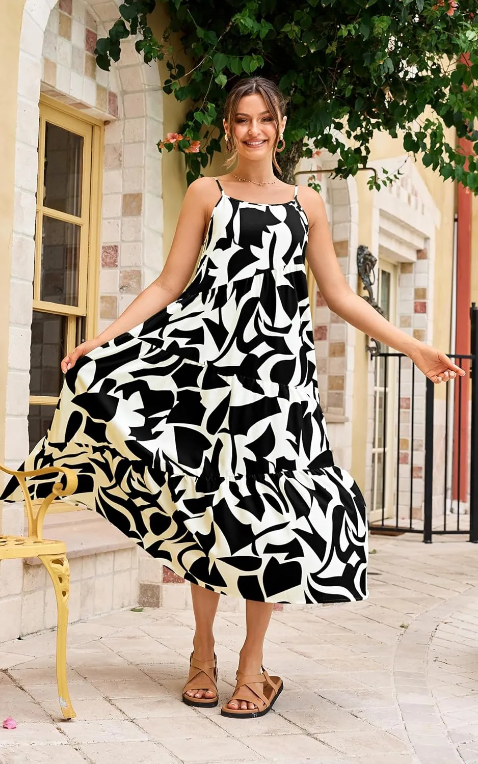 ECOWISH Women Sleeveless Maxi Dress: Summer Spaghetti Strap Casual Loose Boho Beach Dress Asymmetric Tiered Flowy Long Dress