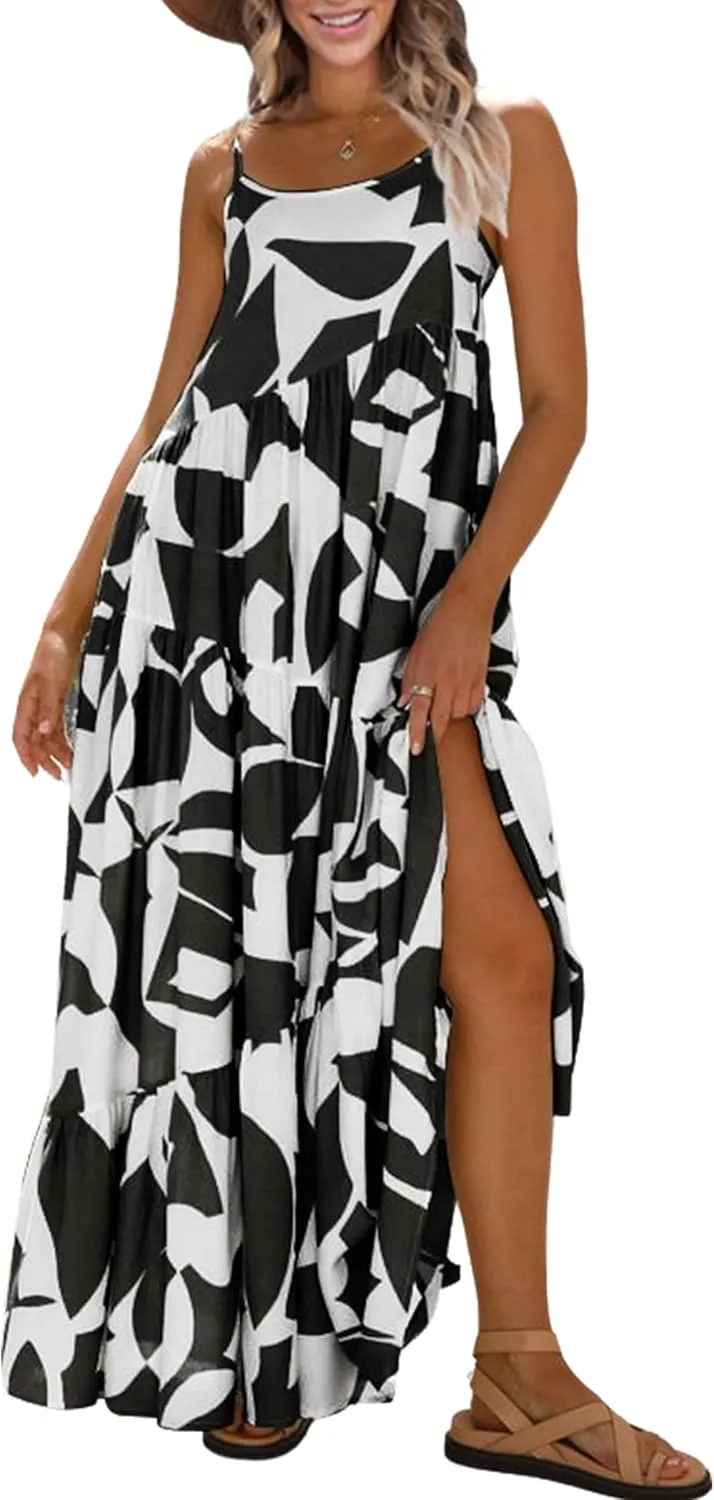ECOWISH Women Sleeveless Maxi Dress: Summer Spaghetti Strap Casual Loose Boho Beach Dress Asymmetric Tiered Flowy Long Dress