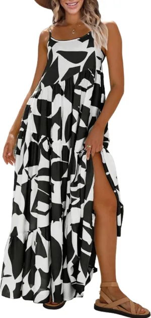 ECOWISH Women Sleeveless Maxi Dress: Summer Spaghetti Strap Casual Loose Boho Beach Dress Asymmetric Tiered Flowy Long Dress