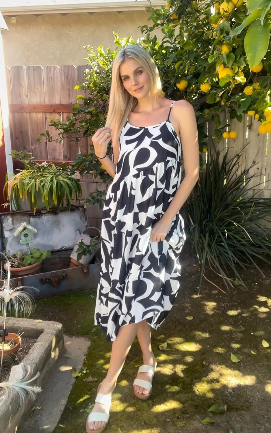 ECOWISH Women Sleeveless Maxi Dress: Summer Spaghetti Strap Casual Loose Boho Beach Dress Asymmetric Tiered Flowy Long Dress