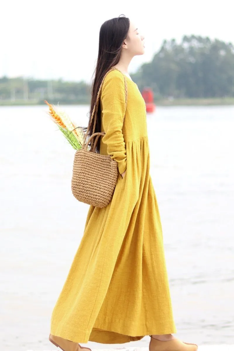 Embroidered Linen Dresses Long Sleeve Linen Caftans Gown For Fall/Winter