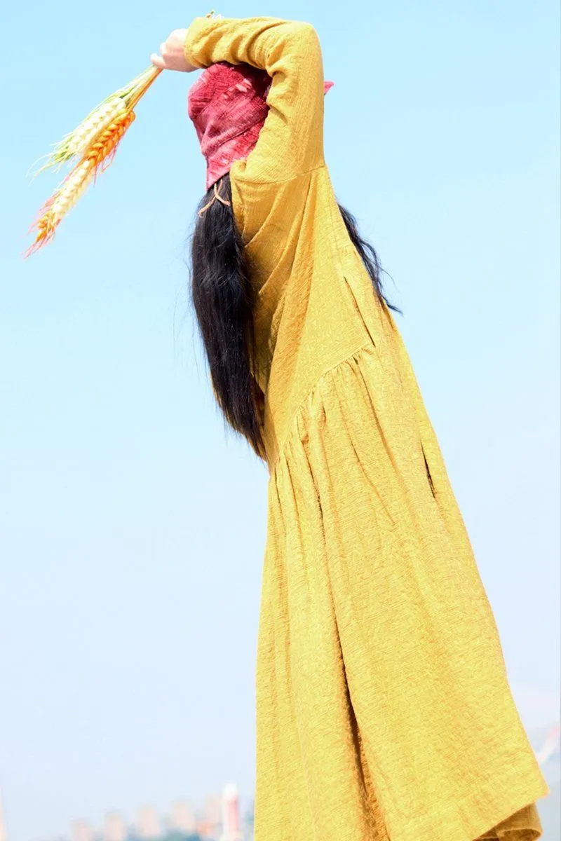 Embroidered Linen Dresses Long Sleeve Linen Caftans Gown For Fall/Winter