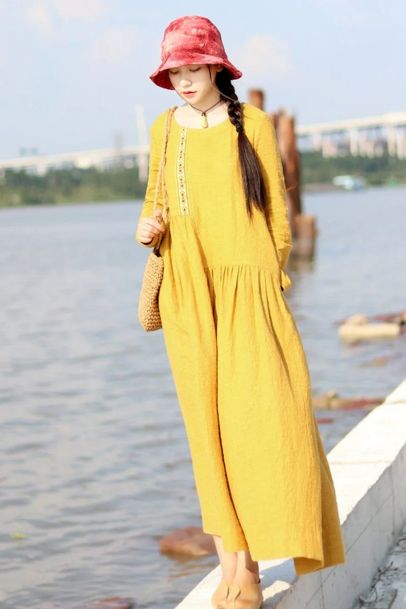Embroidered Linen Dresses Long Sleeve Linen Caftans Gown For Fall/Winter