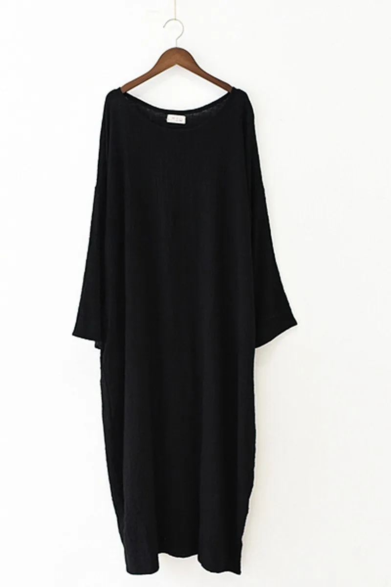 Fall Thin Black Linen Dresses Long Sleeve Linen Caftans Gown