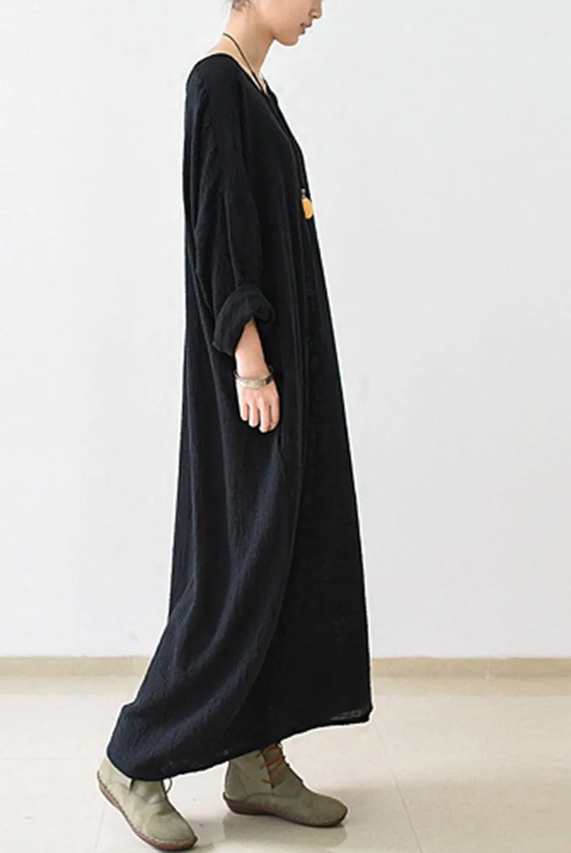 Fall Thin Black Linen Dresses Long Sleeve Linen Caftans Gown