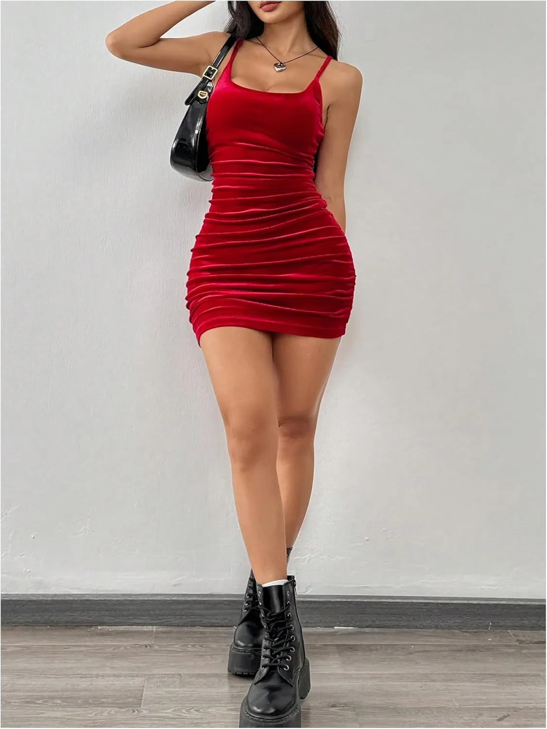 Floerns Women's Velvet Dress Sleeveless Ruched Vintage Bodycon Cami Mini Dress