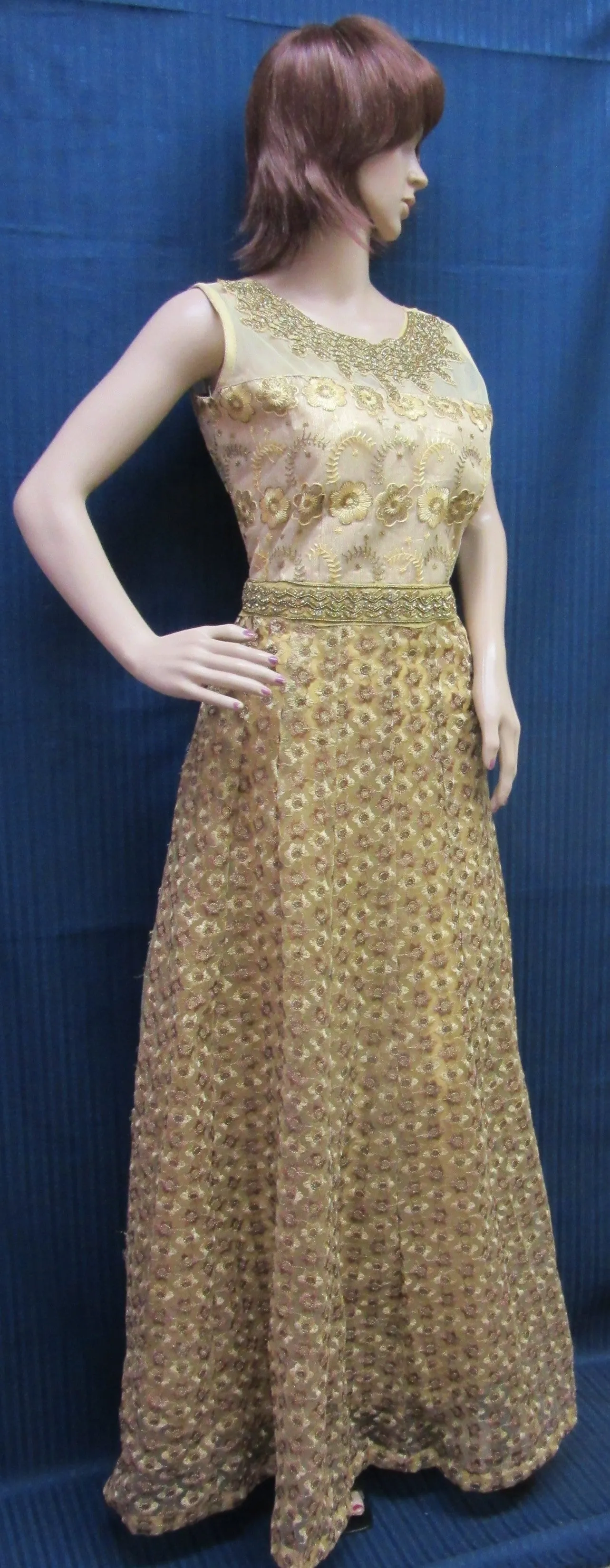 Gown 8087 Gold Net Sequins Detail Medium Size Wedding Evening Wear