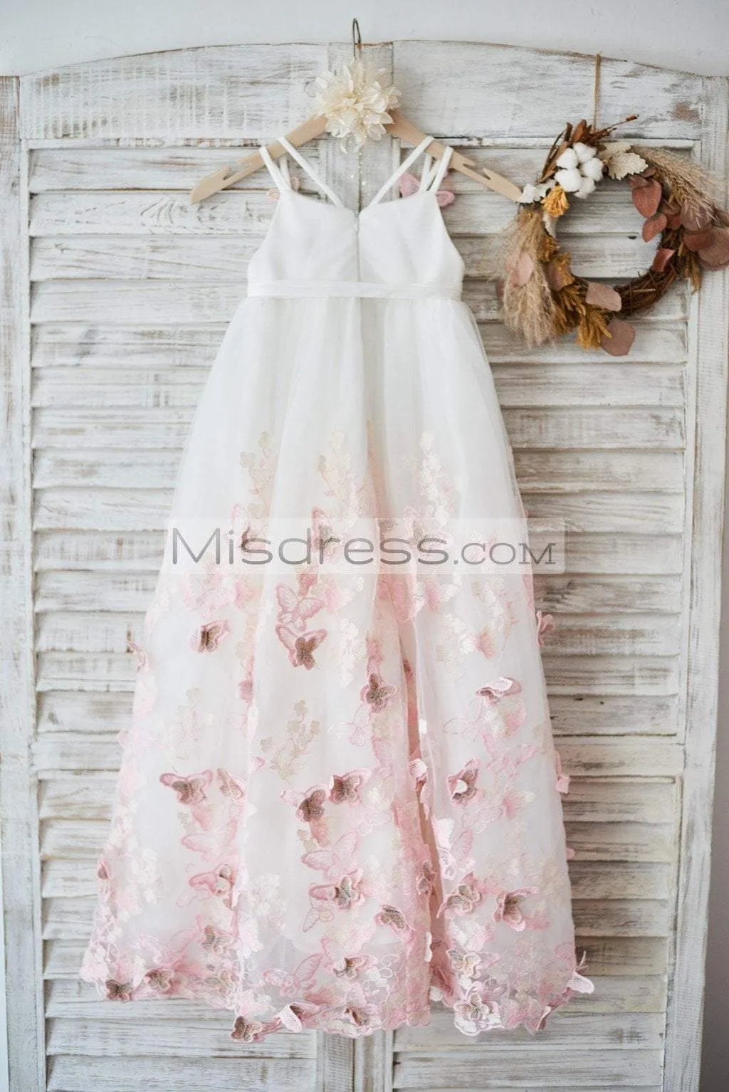 Ivory Tulle Spaghetti Straps Wedding Party Flower Girl Dress, 3D Butterflies