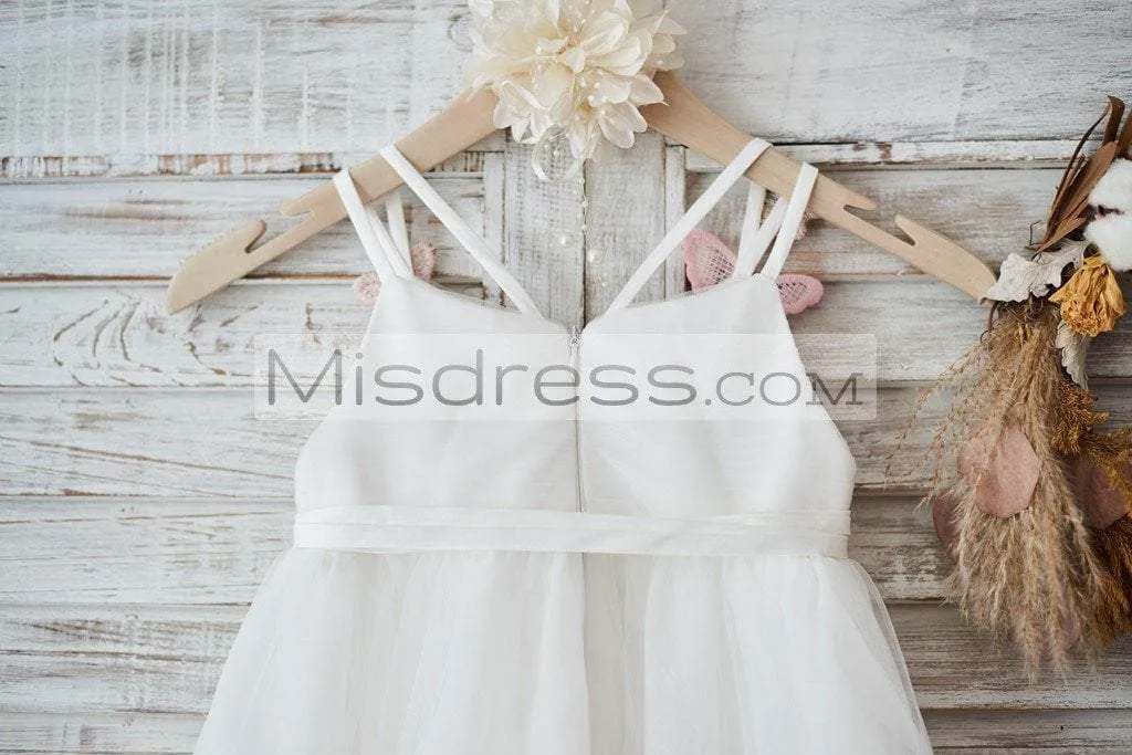 Ivory Tulle Spaghetti Straps Wedding Party Flower Girl Dress, 3D Butterflies