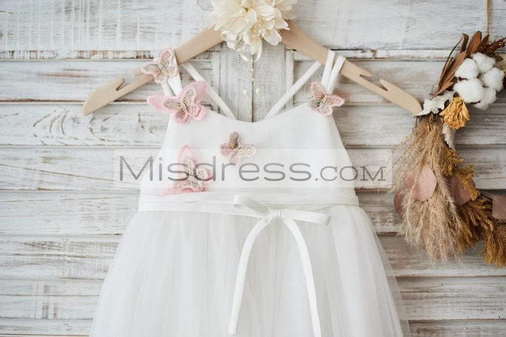 Ivory Tulle Spaghetti Straps Wedding Party Flower Girl Dress, 3D Butterflies
