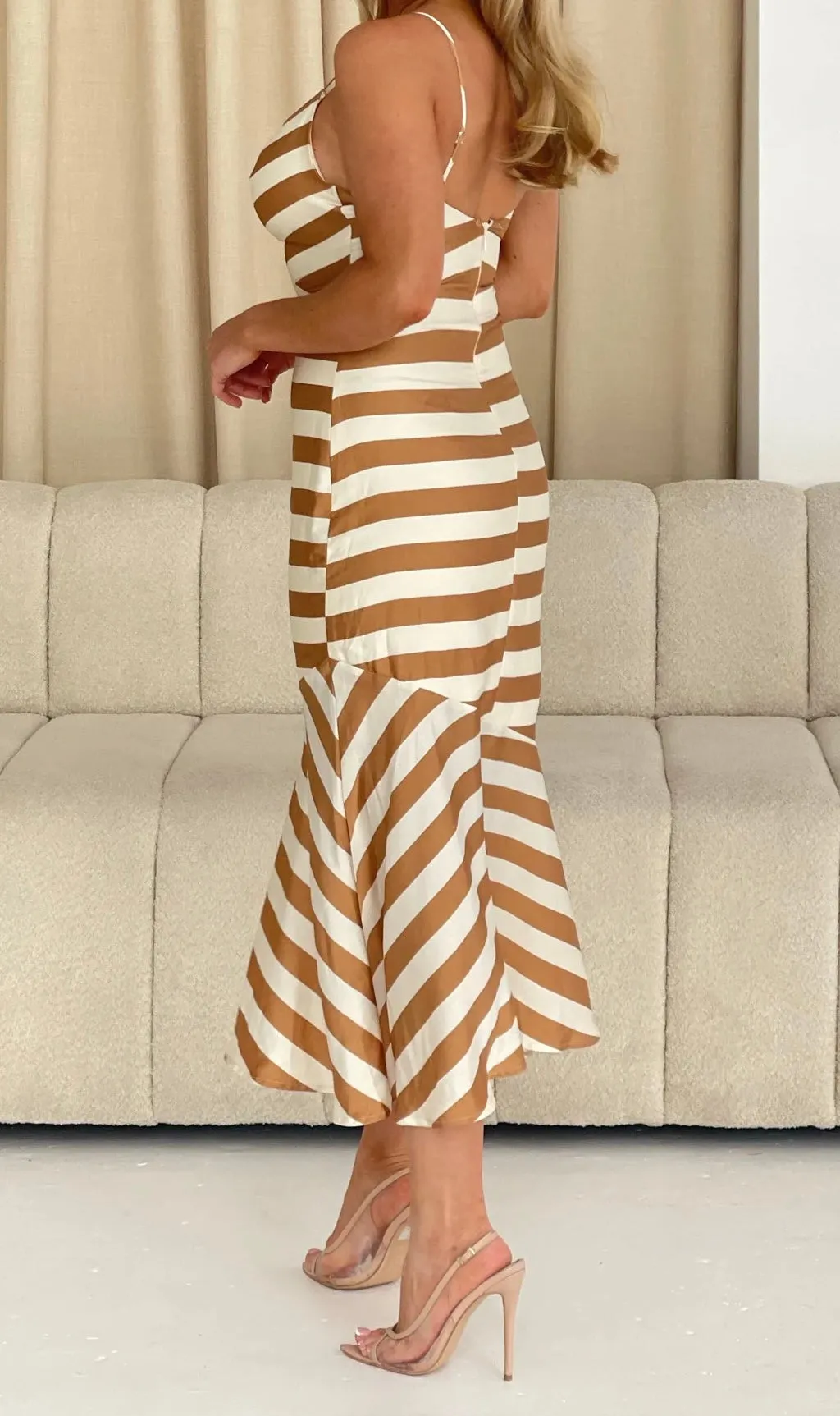 Justina coffee and cream stripe mermaid midi dress