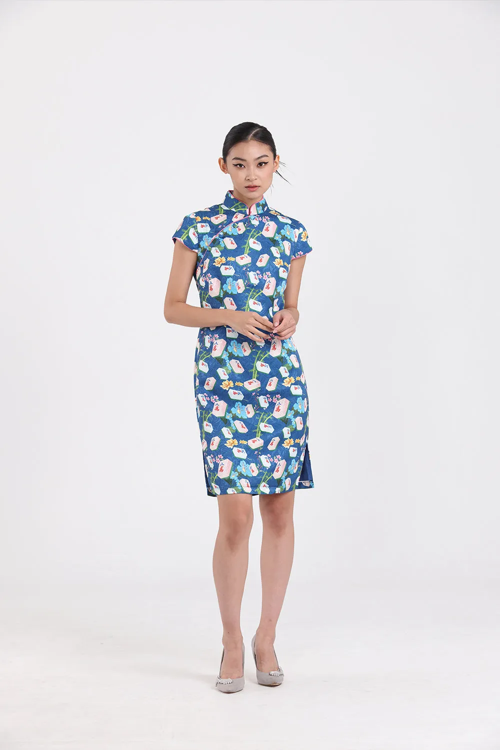 KYLIE Mahjong print Cheongsam (Blue)