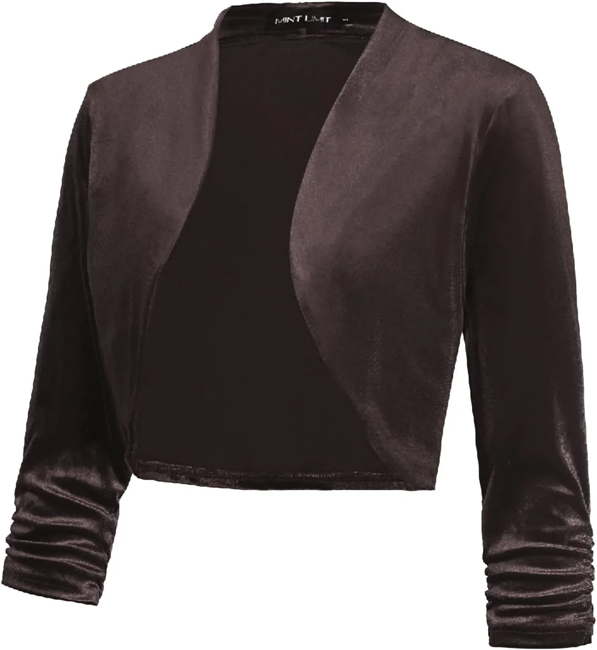 MINTLIMIT Women's Velvet Bolero Shrugs for Dresses Ruched 3/4 Sleeve Open Front Cocktail Party Cropped Cardigan
