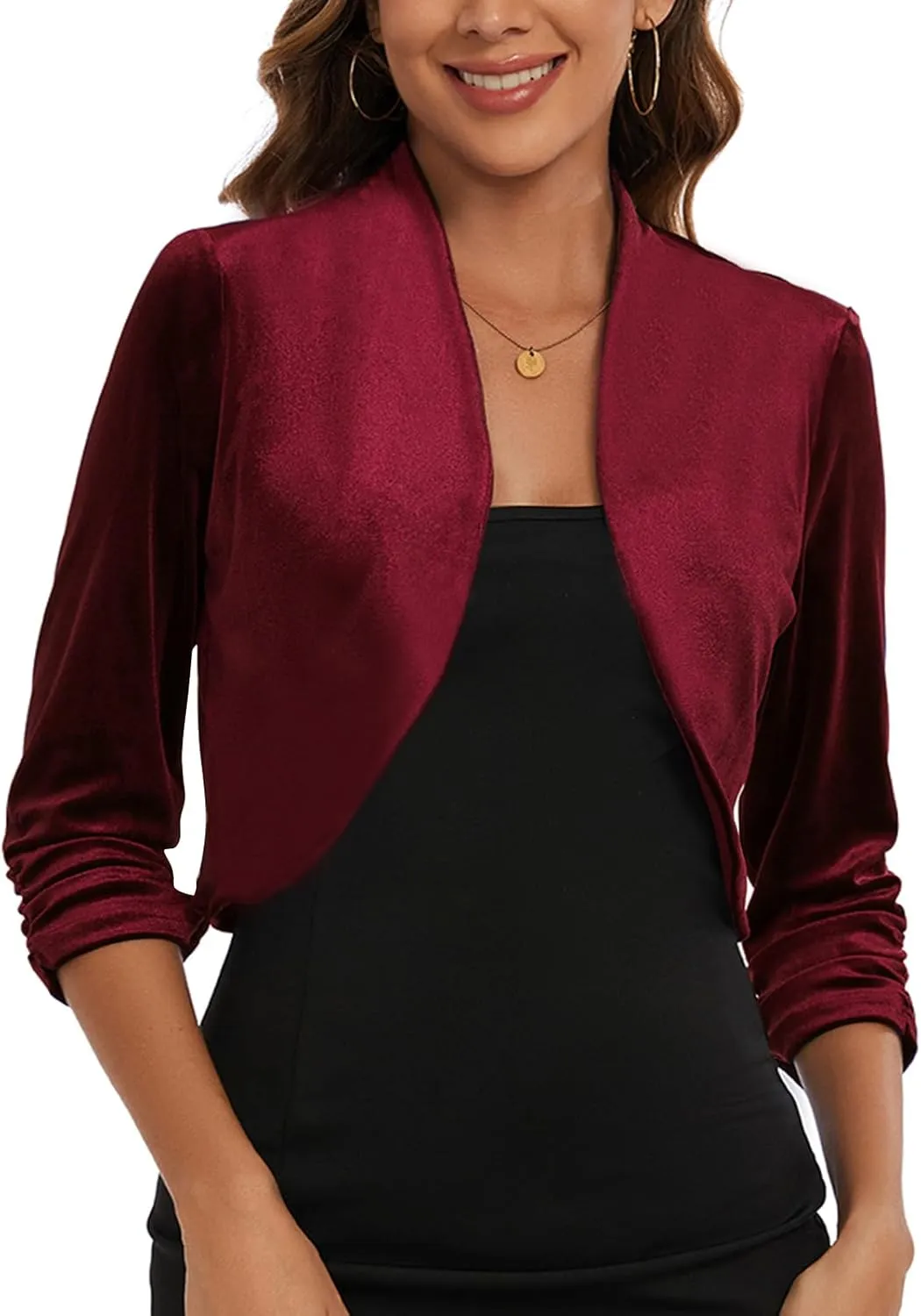 MINTLIMIT Women's Velvet Bolero Shrugs for Dresses Ruched 3/4 Sleeve Open Front Cocktail Party Cropped Cardigan