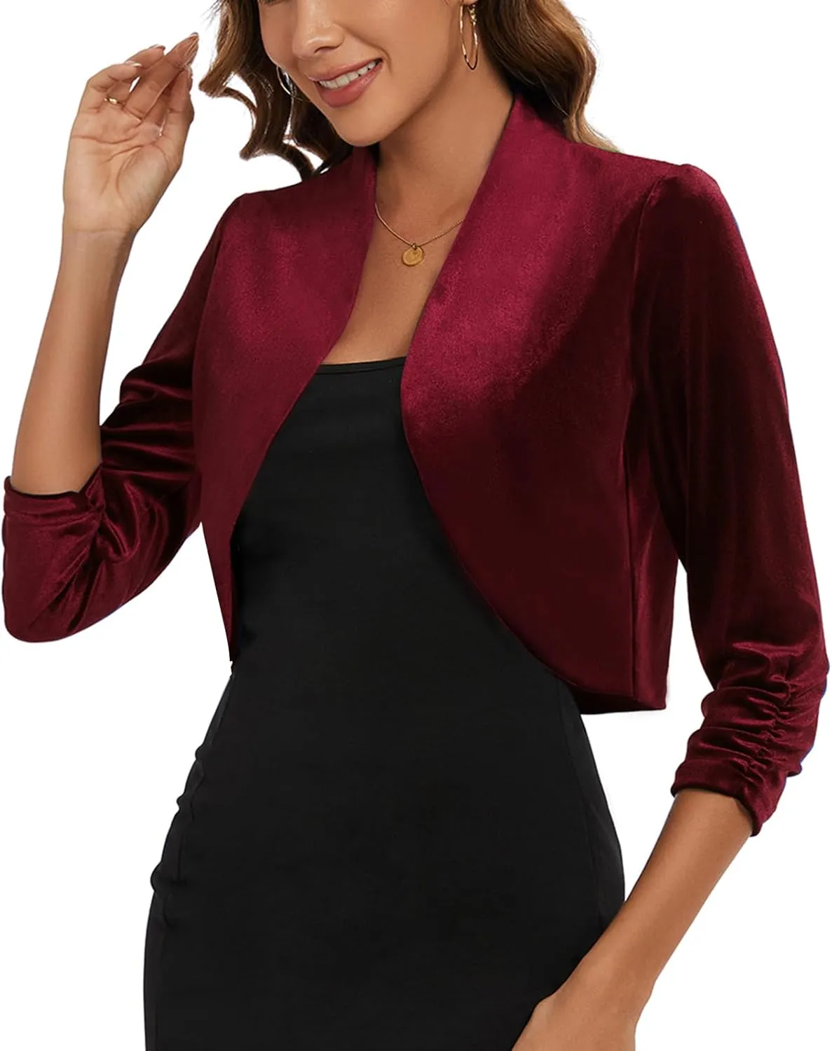MINTLIMIT Women's Velvet Bolero Shrugs for Dresses Ruched 3/4 Sleeve Open Front Cocktail Party Cropped Cardigan