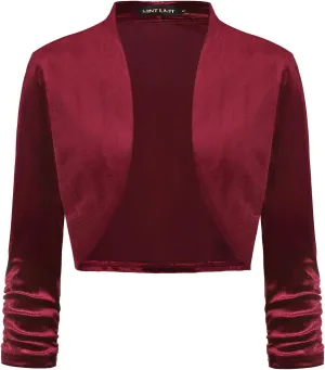 MINTLIMIT Women's Velvet Bolero Shrugs for Dresses Ruched 3/4 Sleeve Open Front Cocktail Party Cropped Cardigan