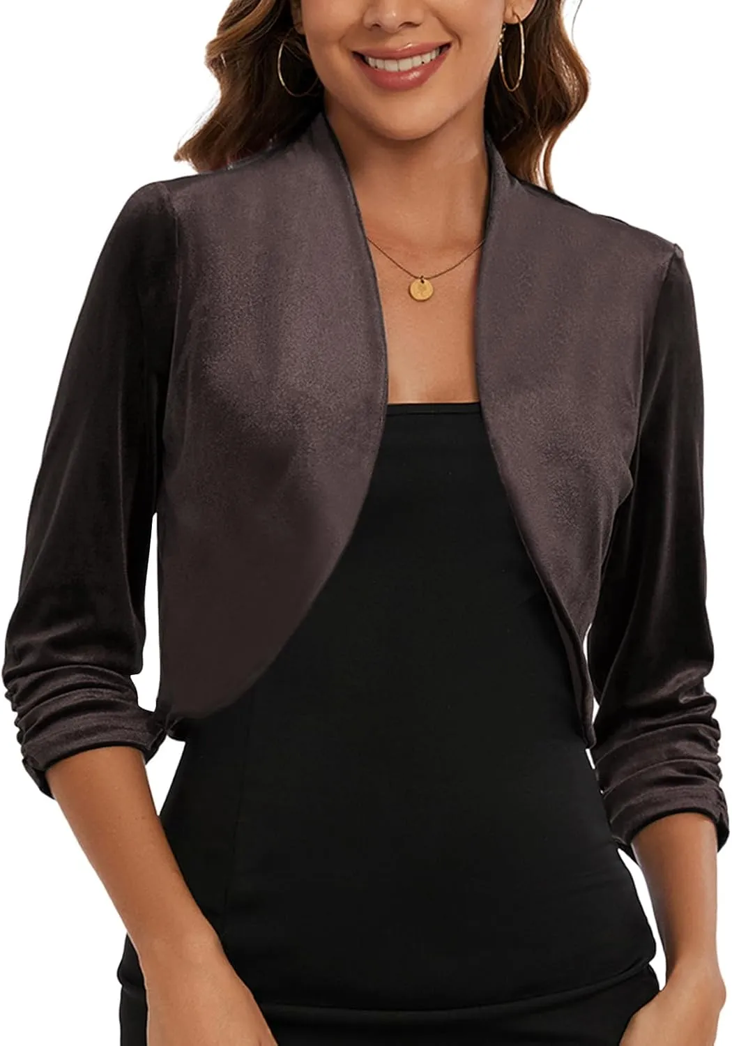 MINTLIMIT Women's Velvet Bolero Shrugs for Dresses Ruched 3/4 Sleeve Open Front Cocktail Party Cropped Cardigan