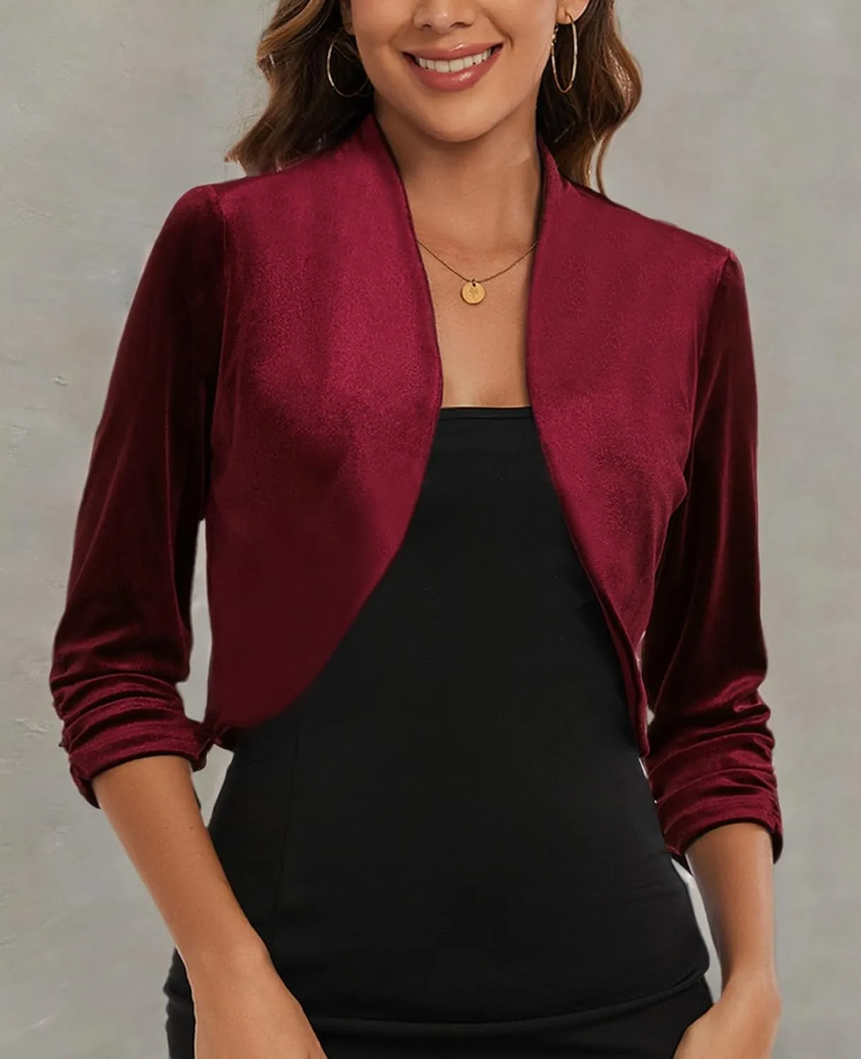 MINTLIMIT Women's Velvet Bolero Shrugs for Dresses Ruched 3/4 Sleeve Open Front Cocktail Party Cropped Cardigan