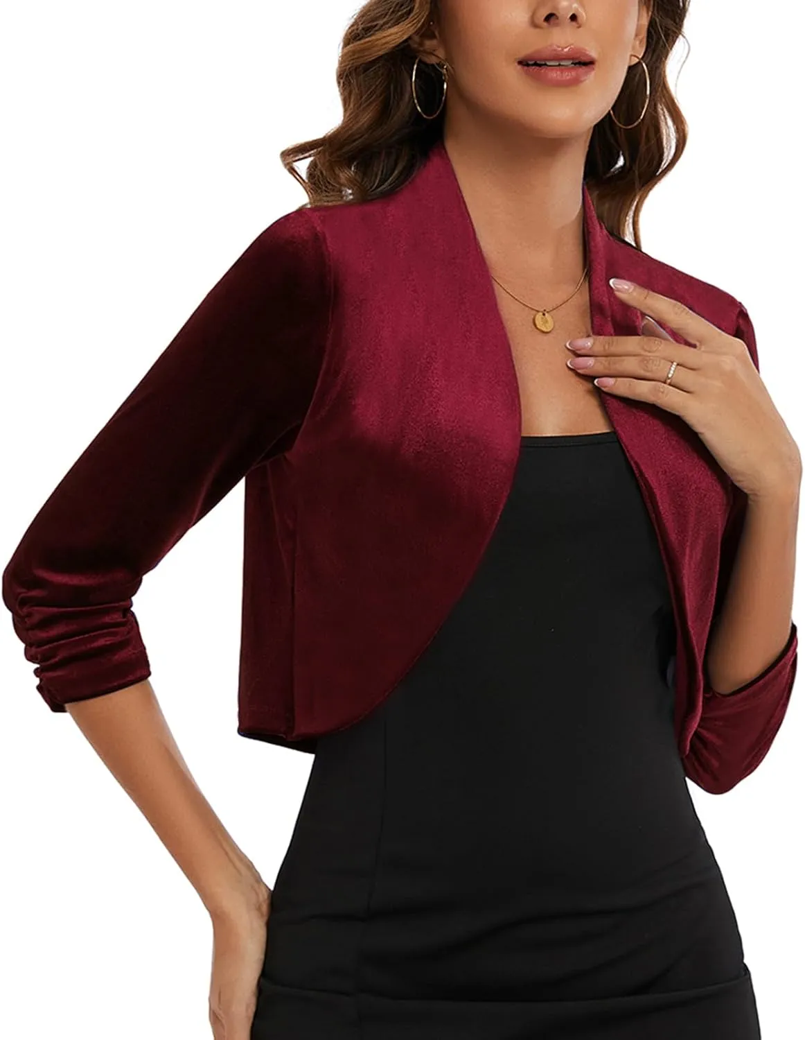 MINTLIMIT Women's Velvet Bolero Shrugs for Dresses Ruched 3/4 Sleeve Open Front Cocktail Party Cropped Cardigan