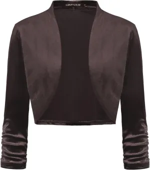 MINTLIMIT Women's Velvet Bolero Shrugs for Dresses Ruched 3/4 Sleeve Open Front Cocktail Party Cropped Cardigan