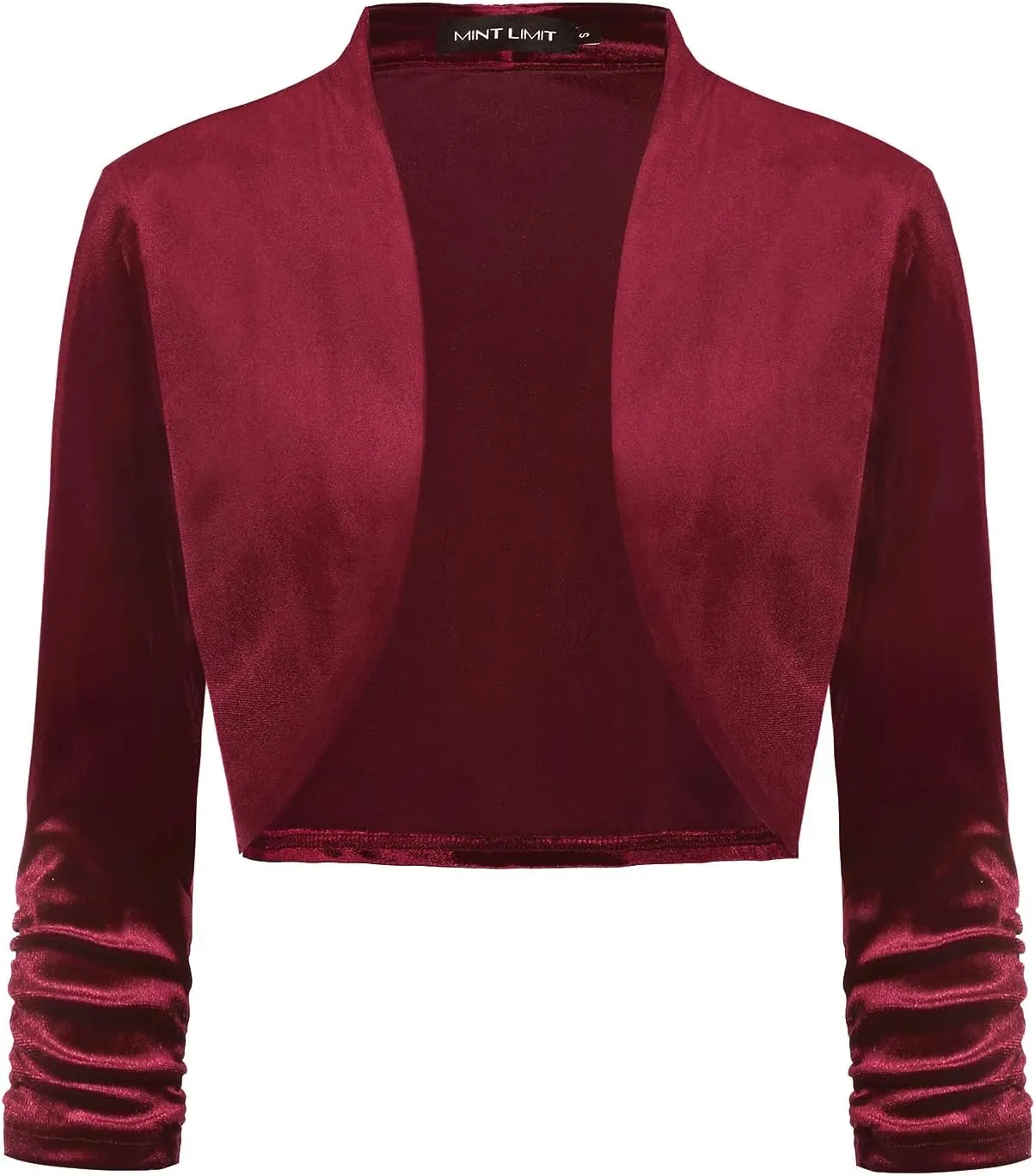 MINTLIMIT Women's Velvet Bolero Shrugs for Dresses Ruched 3/4 Sleeve Open Front Cocktail Party Cropped Cardigan